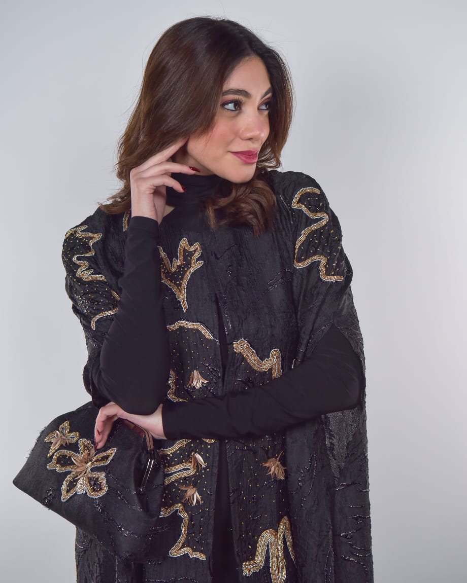 Black Abaya with Silver and Bronze Embroidery