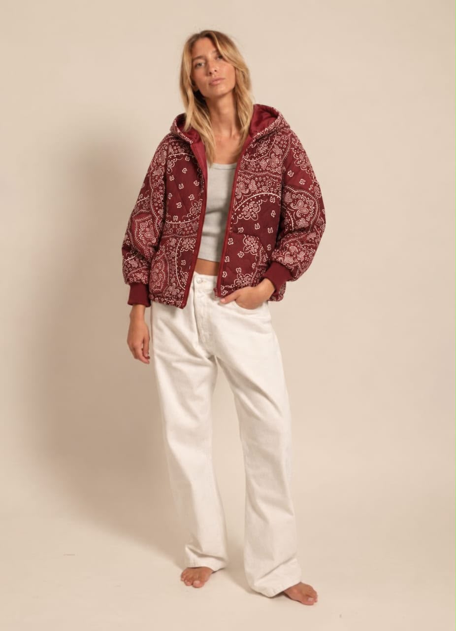 Burgundy paisley-print hooded jacket