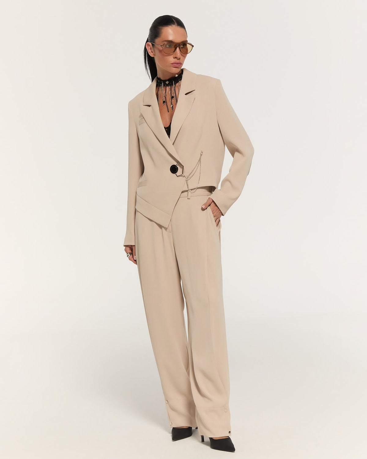 Beige asymmetric blazer and trouser set