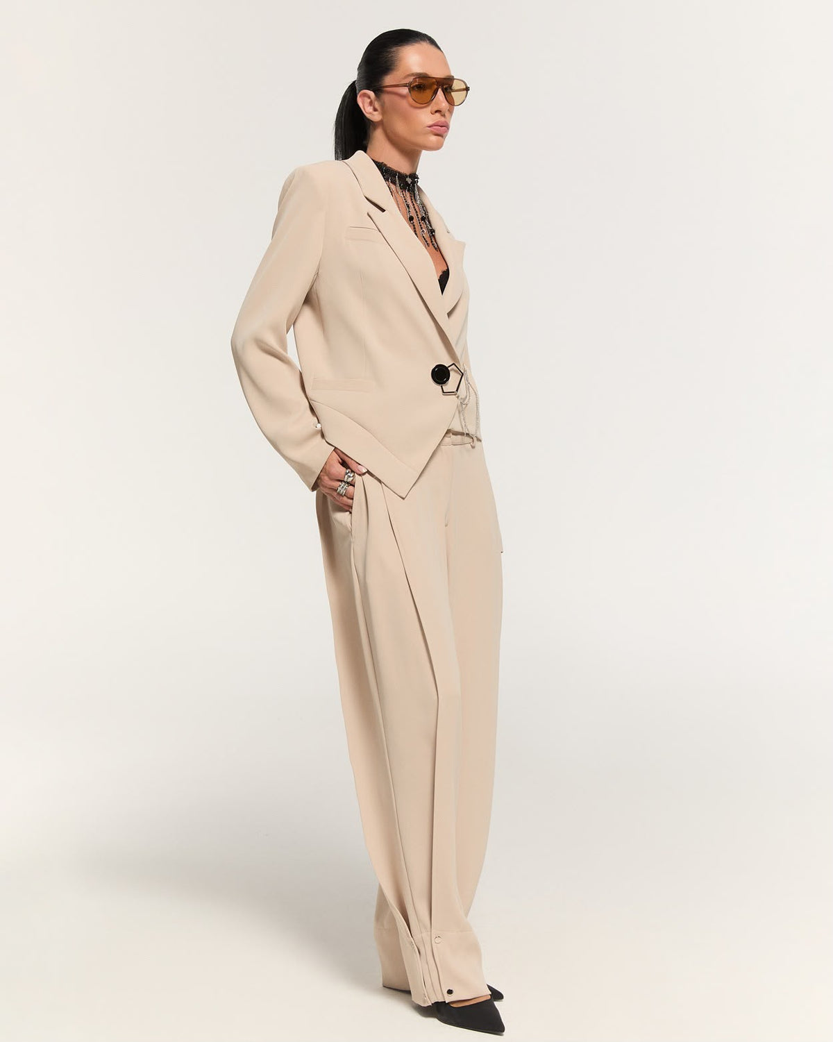 Beige asymmetric blazer and trouser set