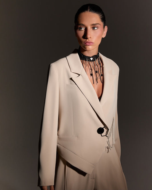 Beige asymmetric blazer and trouser set