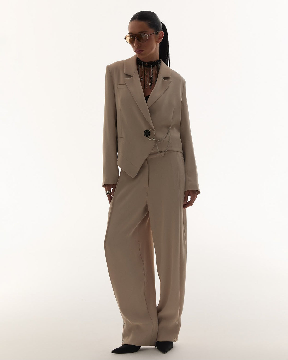 Beige asymmetric blazer and trouser set