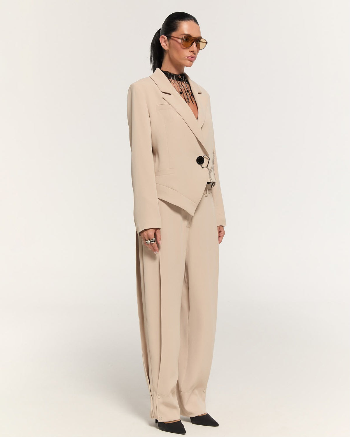 Beige asymmetric blazer and trouser set