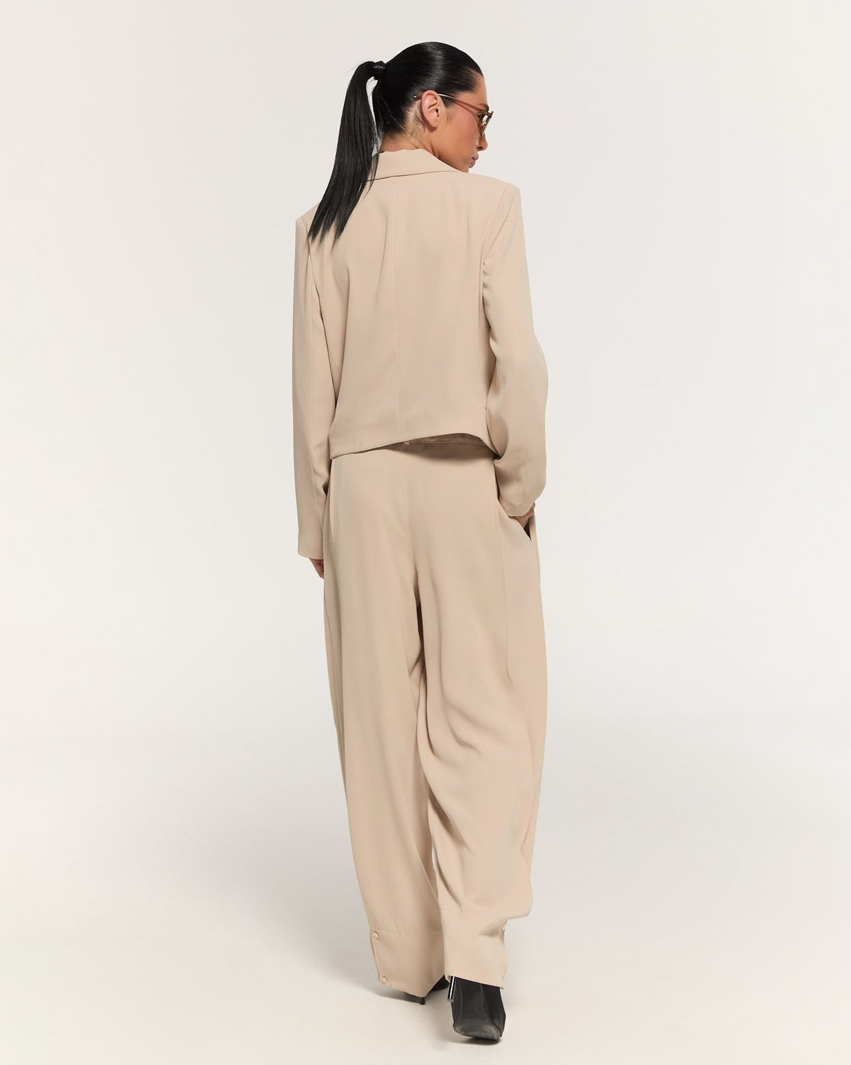 Beige asymmetric blazer and trouser set