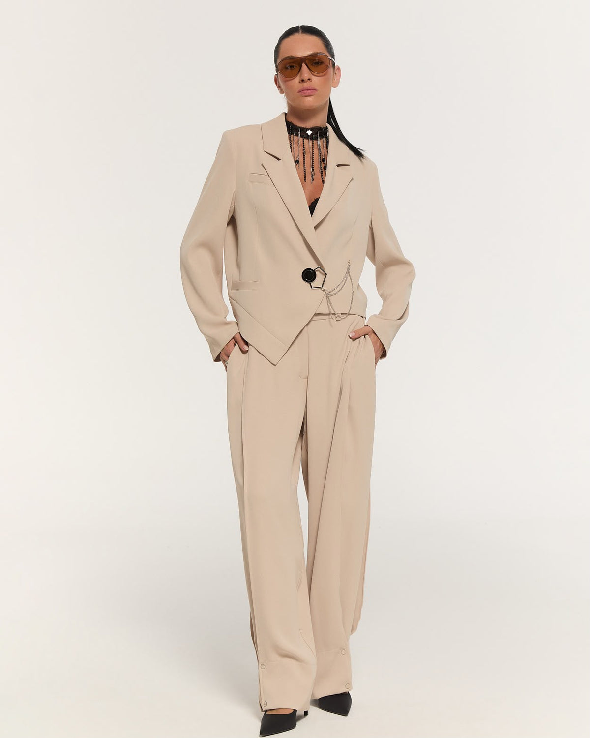 Beige asymmetric blazer and trouser set