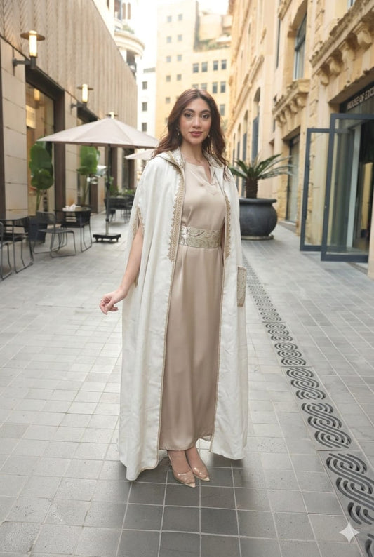 Beige Abaya and Dress with Arabic Calligraphy